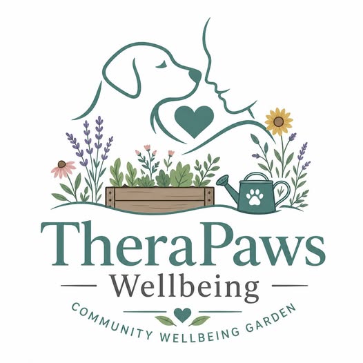 Community Wellbeing Garden logo: a planter and plants, and above them a dog and a human face looking toward one another with a green heart between them.